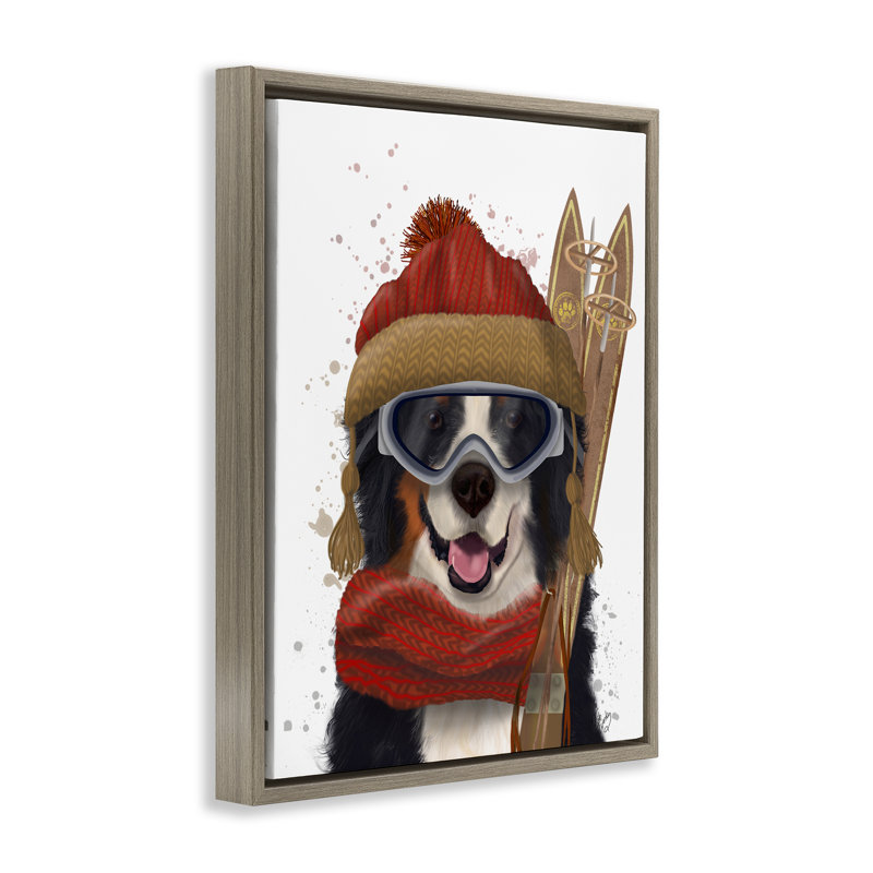 «Happy Skiing Dog» par Fab Funky, H 31 po x l 25 po, Cadre flottant orme Montalcino