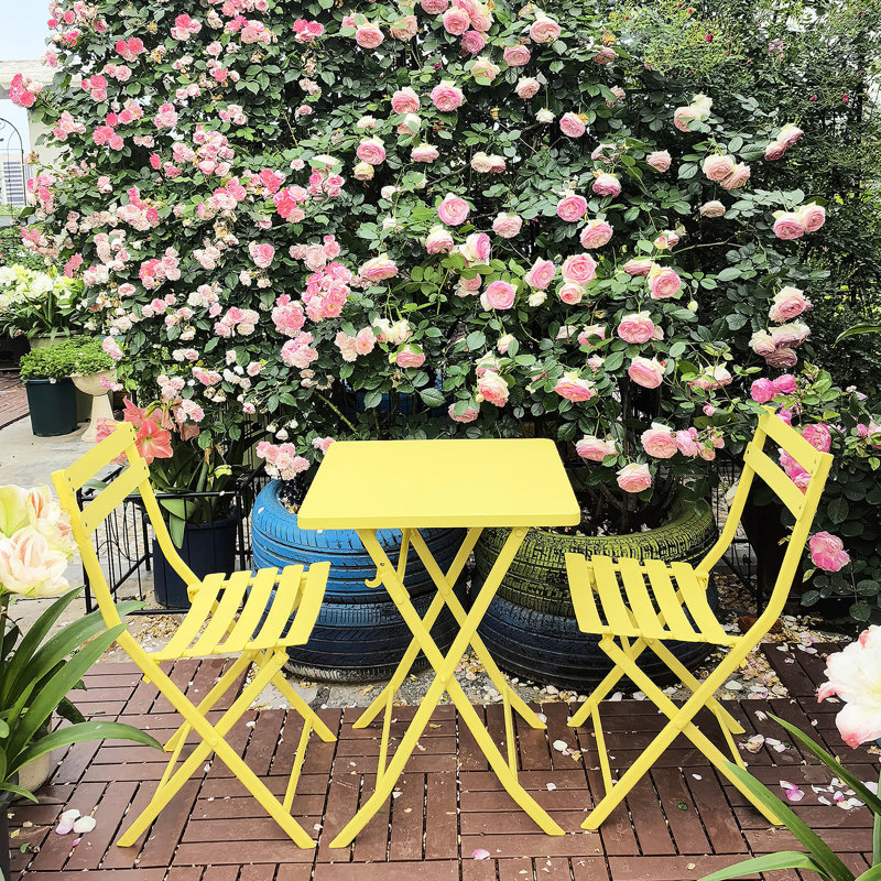 3 Piece Patio Bistro Set Of Foldable Square Table And Chairs, Yellow