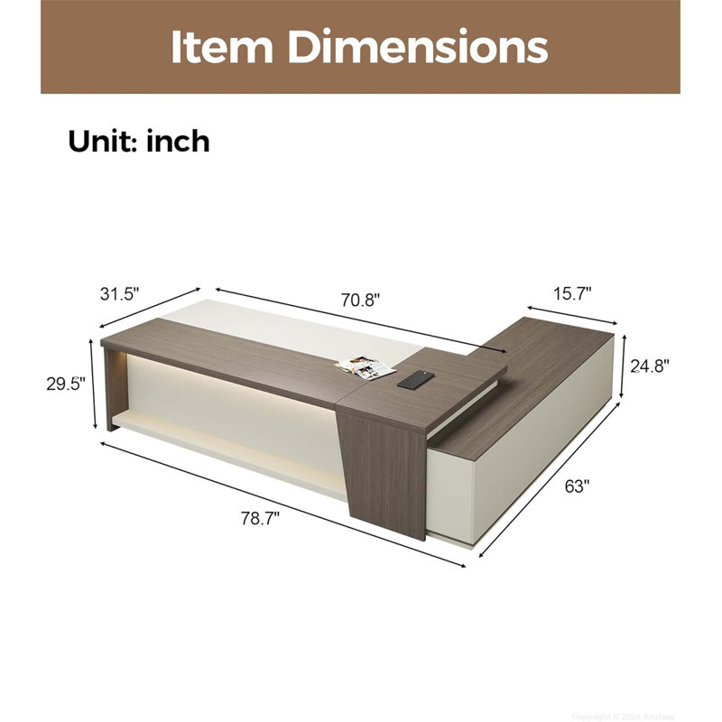 Bureau de direction en forme de L de 79 pouces avec tiroirs et rangement, bureau de coin moderne avec éclairage à DEL et prises de courant, retour à gauche fumé et crème
