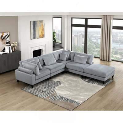 5Pc Modular Sectional Set Gray Corduroy Upholstery 2X Armless Chairs 2X Corner Seats 1X Ottoman Pillows Living Room Furniture