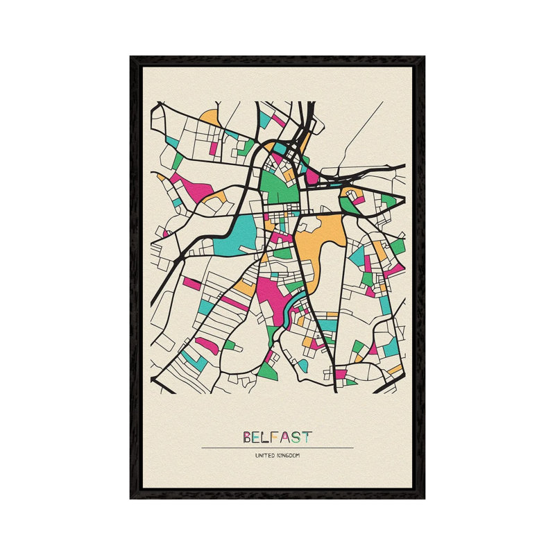 Belfast, United Kingdom Map by Ayse Deniz Akerman - Floater Frame Print on Canvas, Black Floater Frame