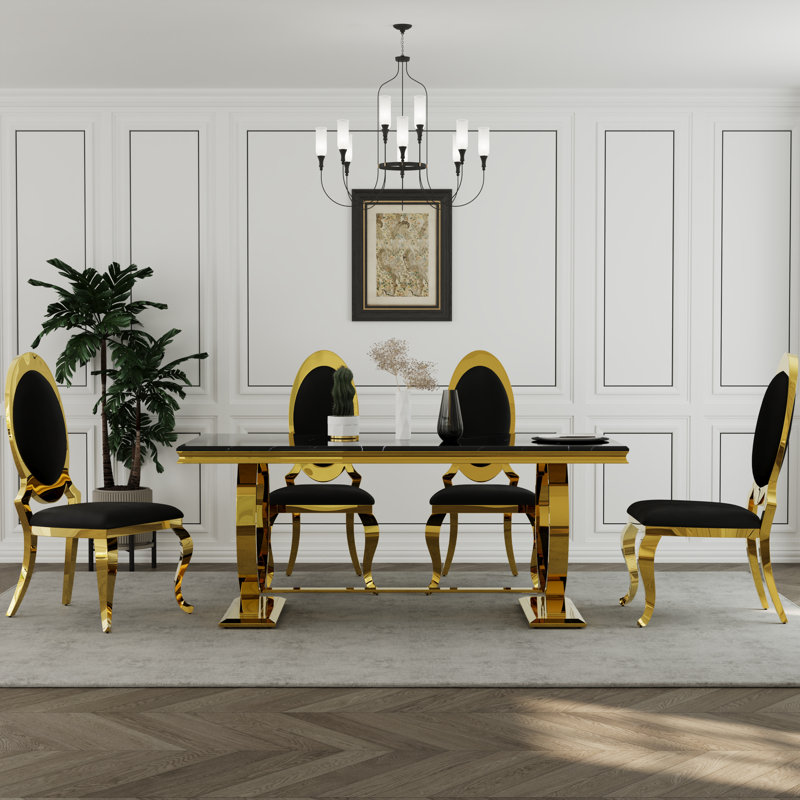 Ensemble de table de salle à manger de luxe 5 pièces avec 4 chaises en cuir, Noir, Noir, Noir / or
