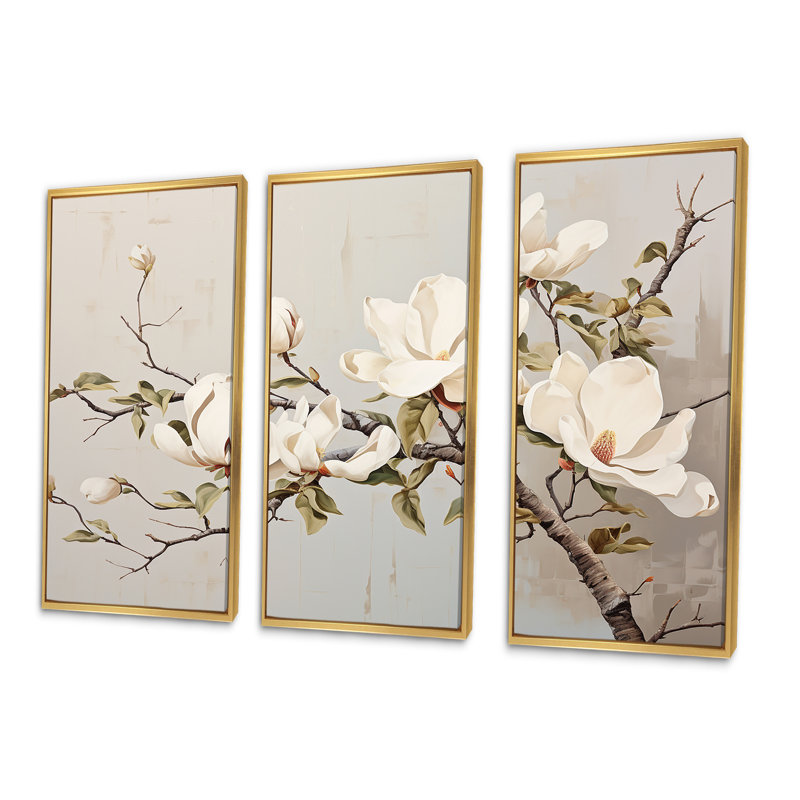 «Magnolias beige et vert», ensemble d'art mural Magnolias, Cadre flottant doré, H 32 po x l 48 po x P 1 po
