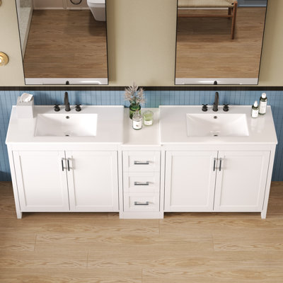  Meuble-lavabo double 84 po, conception moderne esthétique avec plateau en quartz, tablettes réglables et charnières à fermeture en douceur, blanc
