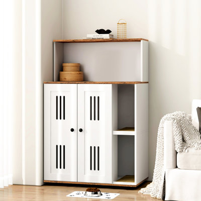 Toilettes dissimulées pour chats, meuble à double litière pour 2 chats, design élégant, portes avec ventilation, rangement basculant, caisson blanc et noyer, meuble multifonctionnel, peut servir de meuble d'appoint.