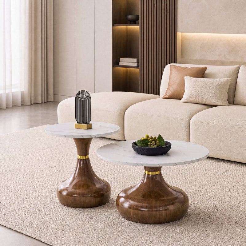 Living Room Table Set, White/Brown