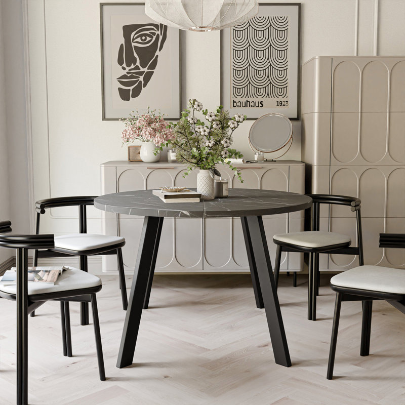 Extendable Round Dining Table, Black, Grigia Pietra