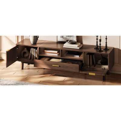 Meuble télé tendance pour téléviseurs de 75 pouces, armoires à fermeture en douceur, rangement rabattable, tiroirs élégants, pieds en bois massif, pieds de fermeture multifonctionnels, cinéma en chambre