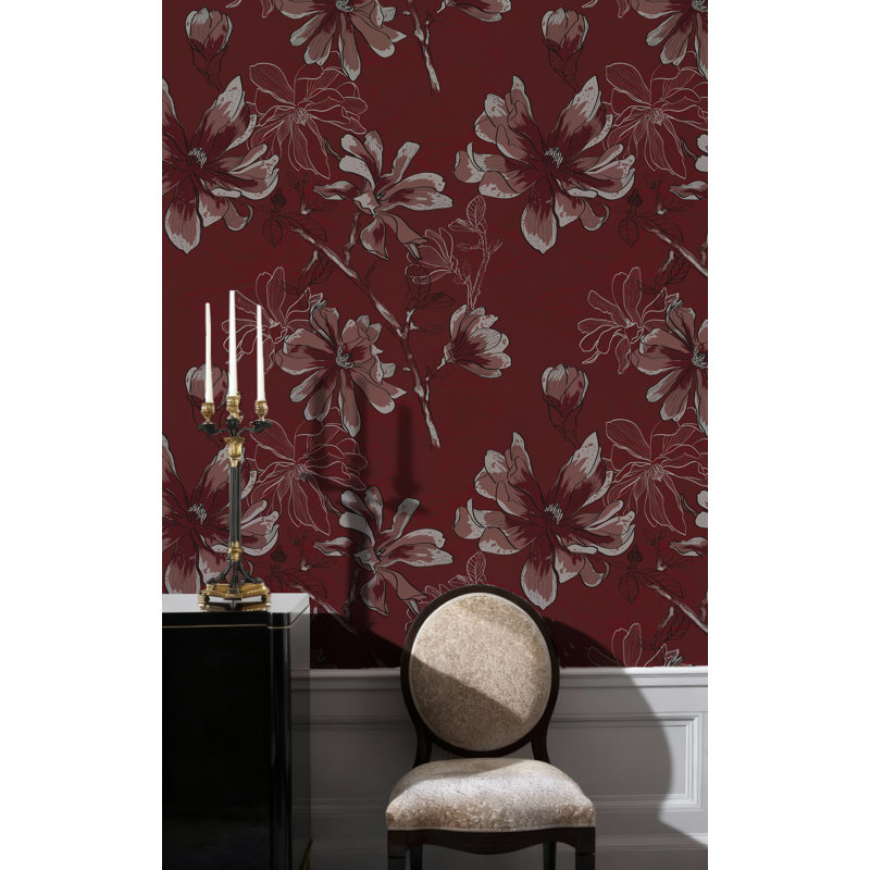 Papier peint floral bourgogne Magnolia avec croquis botaniques rosés, 100" L x 180" W, Non-Woven
