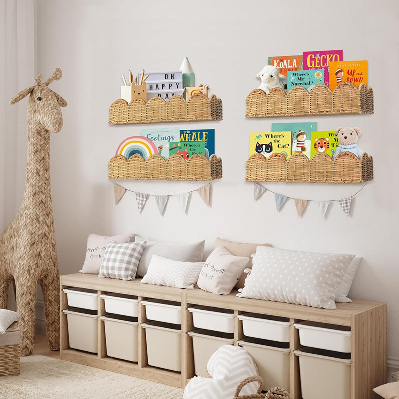 Nursery Floating Book Shelves Set Of 2 – 15.8" Handwoven Natural Rattan Scalloped Wall Shelves For Kids Rooms, Baby Boho Décor