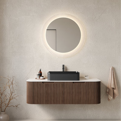 Meuble-lavabo 48 po avec lavabo, meuble-lavabo mural à bords arrondis et courbes avec 2 tiroirs, lavabo rectangulaire en céramique noire, sans robinet, pré-assemblé, couleur noyer foncé