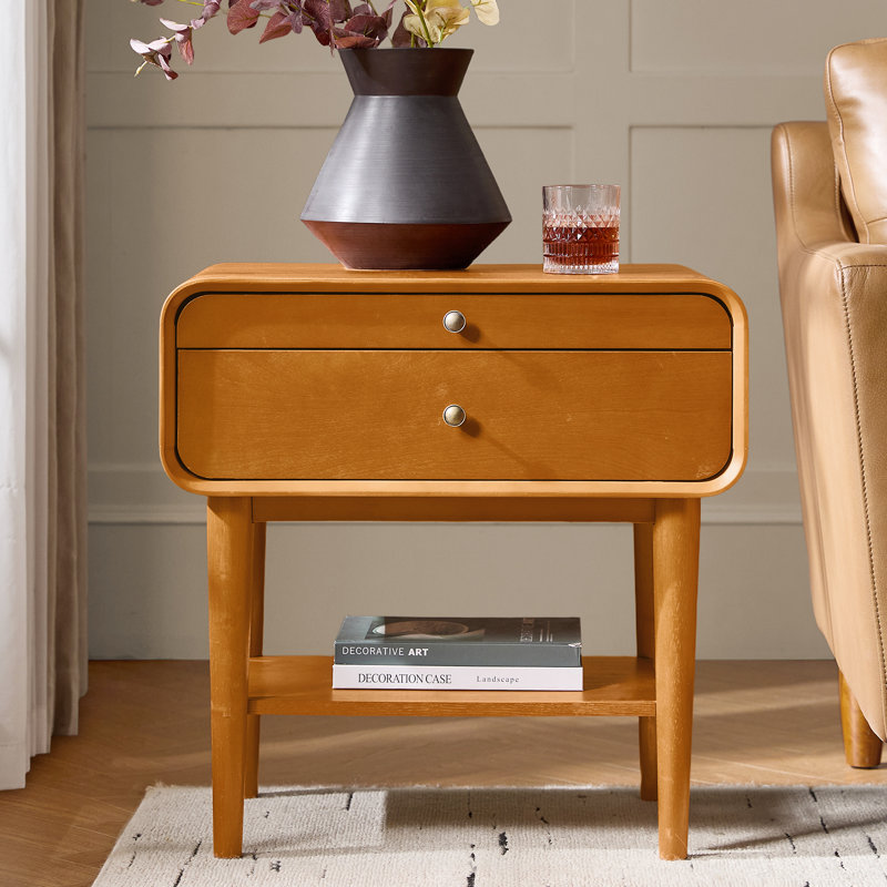 Palig 24"Tall Mid-Century Modern 2-Drawer Solid Wood Veneer with Built-In Charging End Table, Acorn