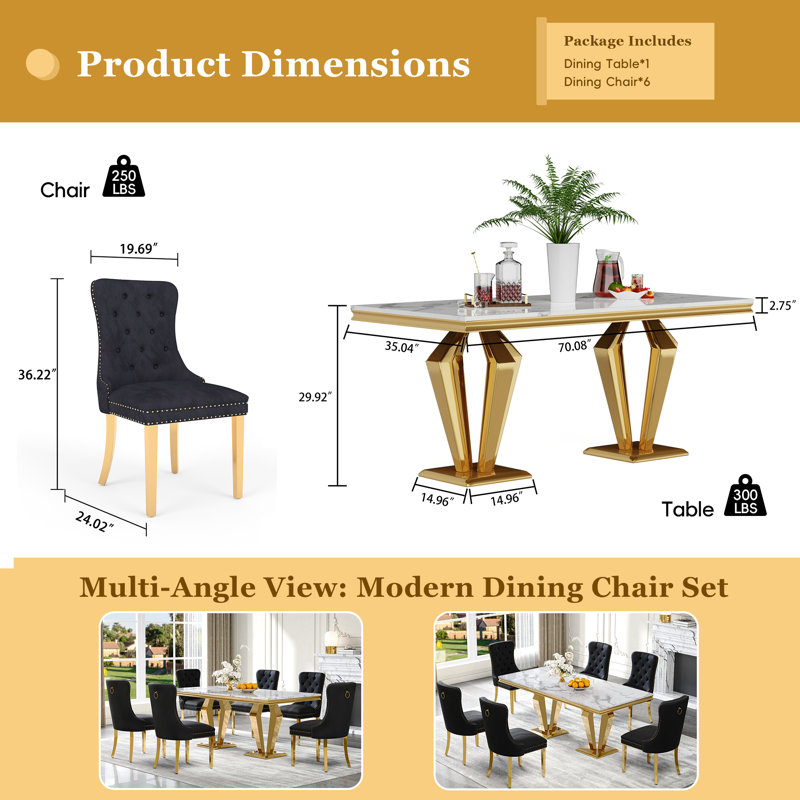 7-Piece Dining Table Set, Marble Veneer MDF Table with 6 Velvet Dining Chairs – Modern Dining Set for 6