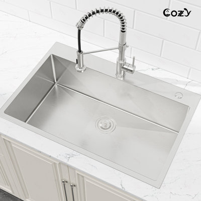 Évier de cuisine en acier inoxydable, 33 po x 22 po, lavabo sur pied fait à la main en gris foncé, avec drain et crochet standards américains