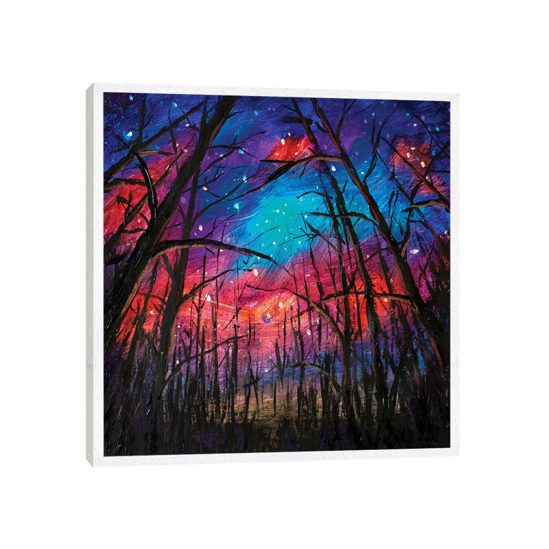 Beautiful Starry Sky Through Trees In Forest by Valery Rybakow - Painting on Canvas, 45.72 cm H x 45.72 cm W, White Framed