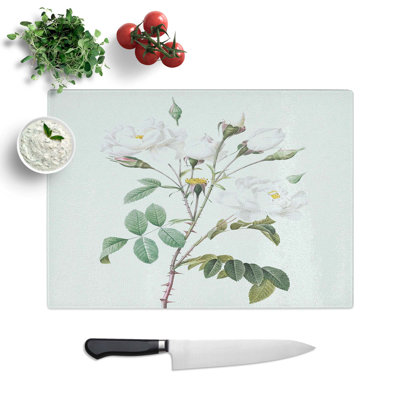 Tempered Glass White Roses by Pierre-Joseph Redoute Chopping Board