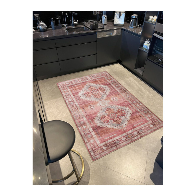 Tapis décoratif traditionnel lavable à motif rouge, Sous-tapis rond 3 pi 3 po inclus