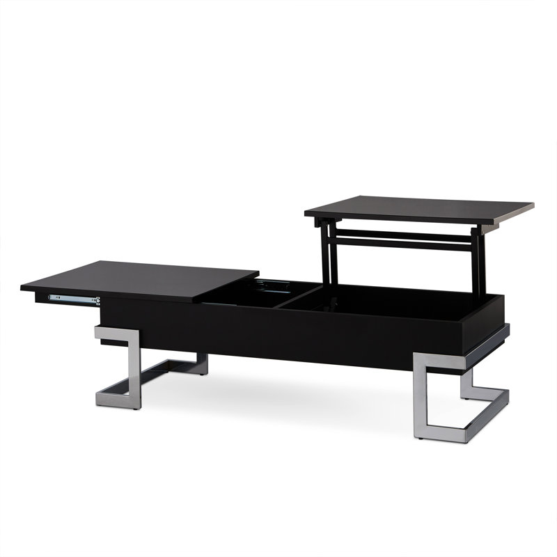 Table basse noire à plateau relevable ultrabrillant avec rangement dissimulé pratique, Noir