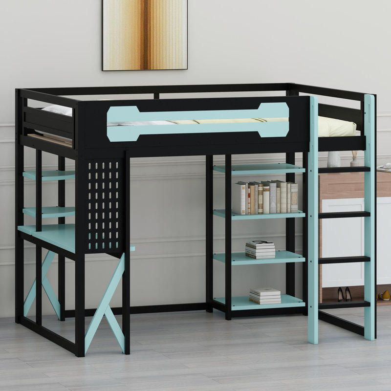 All-in-One Loft Bed System with Desk, Storage, Fast Charging & Customizable RGB Lights, Black+Blue
