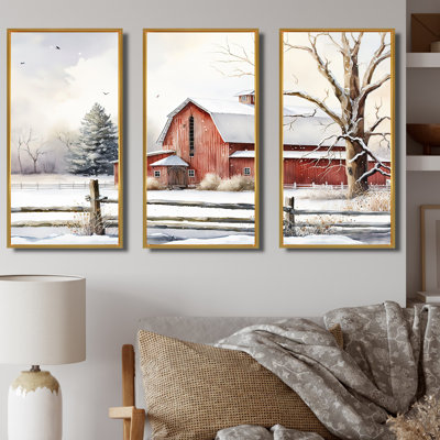 Calm Red Barn In Winter II - ensemble d'art mural sur toile Farmhouse