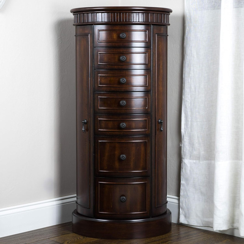 Walnut Freestanding Jewelry Armoire with Mirror and Drawers
