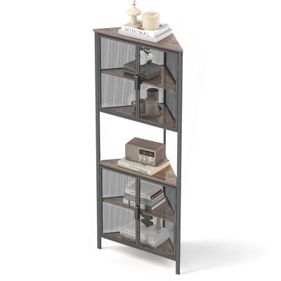Étagère à 5 niveaux avec porte grillagée en métal, étagère de rangement pour bibliothèque en coin