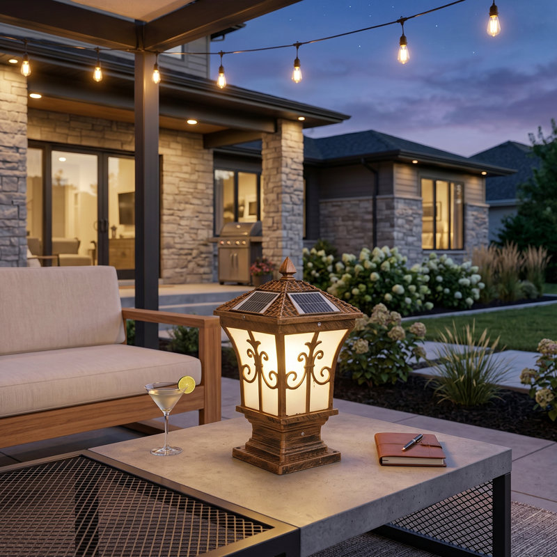 Lampadaire d'extérieur à 3 lumières à énergie solaire en aluminium bronze à double colonne Ip65 avec télécommande