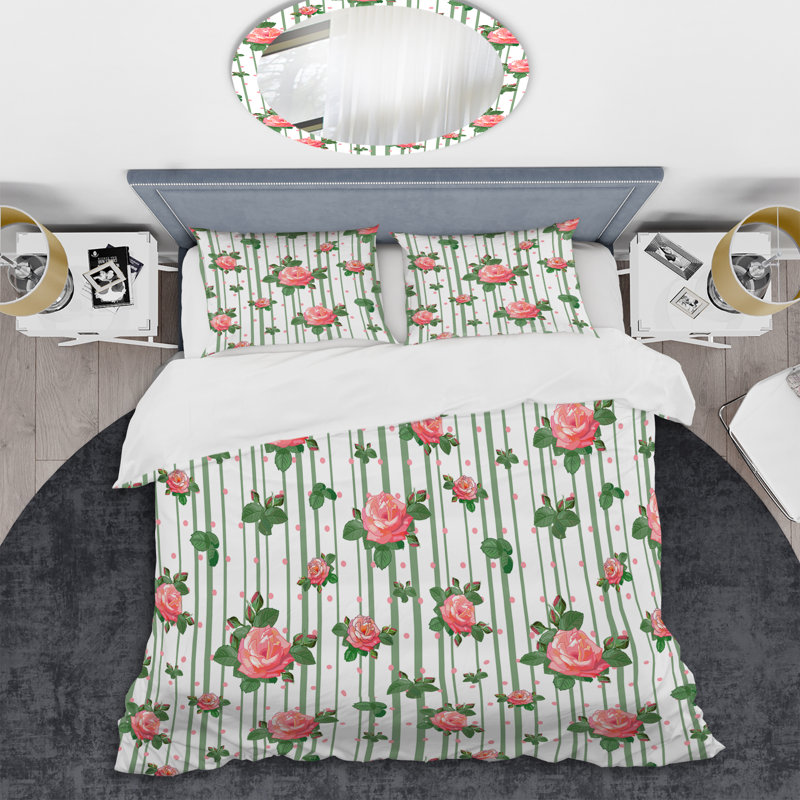 Rose rose rayé - ensemble de housse de couette abstrait - microfibre de polyester