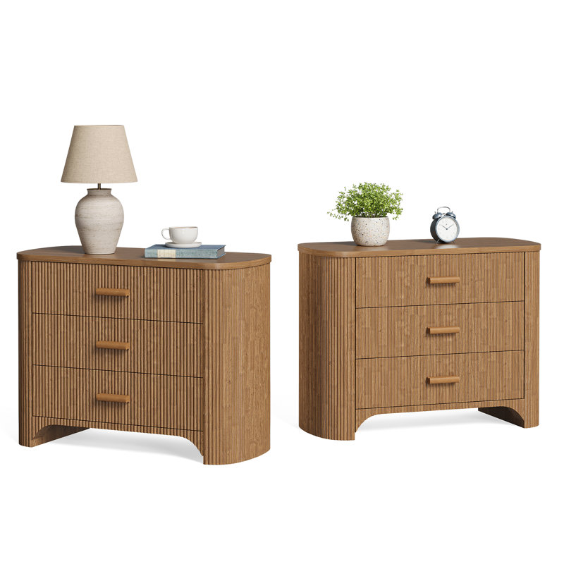 31.5'' Wide LargeNightstands Set of 2, Oversized 3 Drawer Night Stand Bedside End Table, Fluted Design and Curved Tabletop