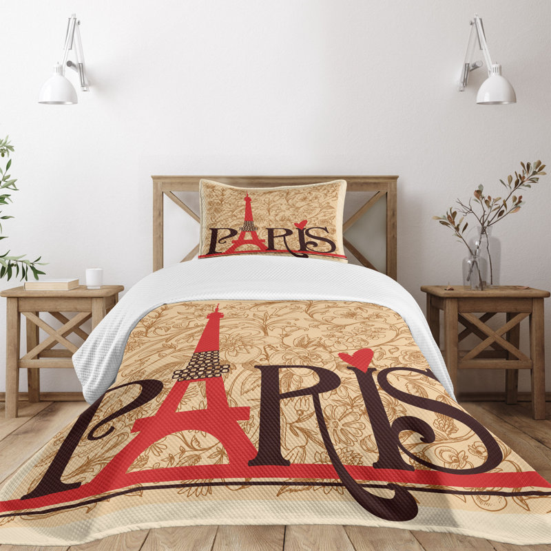 Ambesonne Vintage Bedspread Set Paris Eiffel Tower View Red Brown Ecru, Twin Coverlet / Bedspread + 1 Standard Sham