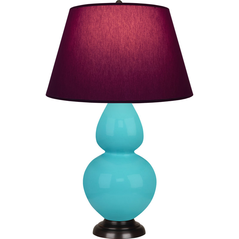 Lampe de table double gourde en céramique, Bleu œuf émaillé / bronze, Prune / lavande, Bronze