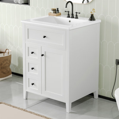 Meuble-lavabo simple 24 po avec lavabo en céramique, tiroirs, tablette intérieure réglable et support