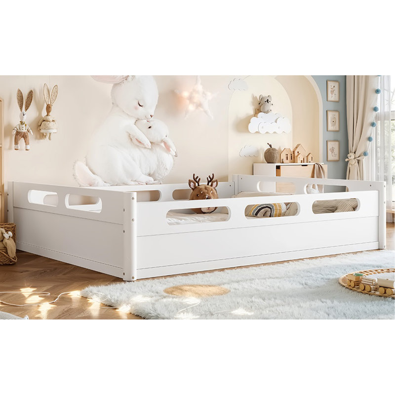 Lit plateforme grand format avec garde-corps pleine longueur, base de lit grand profil bas, aucun sommier tapissier requis, blanc