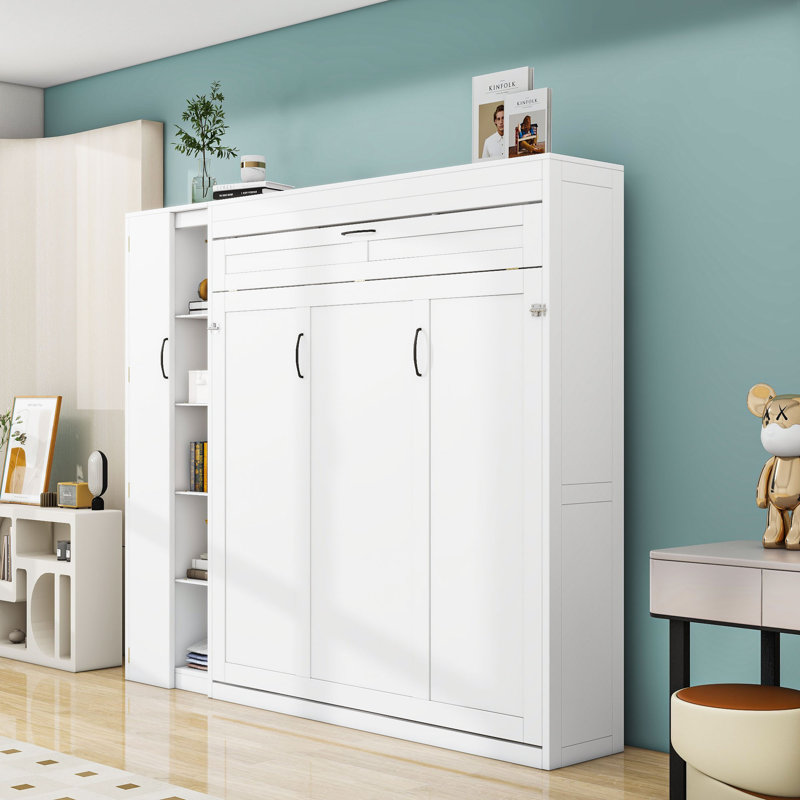 Lit escamotable en bois avec tablettes et garde-robe, Blanc, Grand