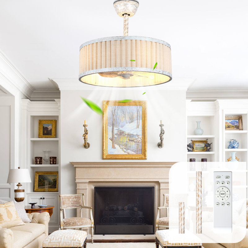 20" Boho Caged Ceiling Fan with Light and Remote, White Fabric Vintage Fandelier Ceiling Fan with 6 Speeds for Bedroom