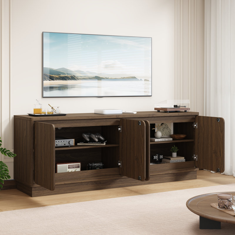 Meuble télé moderne en noyer de 63 po - Grande console multimédia avec 4 portes de rangement et gestion des câbles