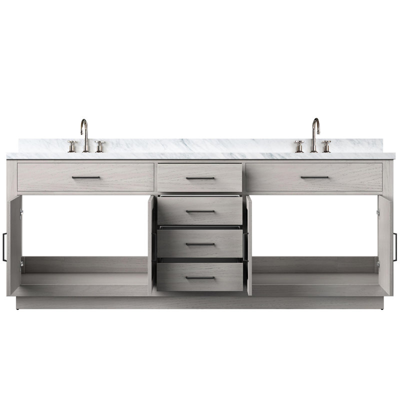 Meuble-lavabo double en chêne blanc, surface en marbre, robinet inclus et meuble-lavabo en bois massif à fermeture douce avec éléments de structure