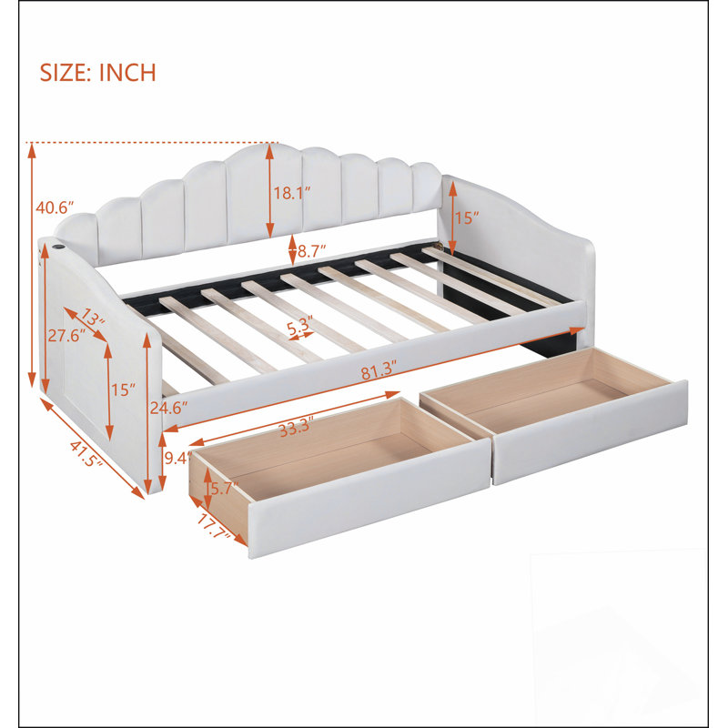 Lit de jour simple tapissier avec 2 tiroirs, canapé-lit avec ports de chargement USB