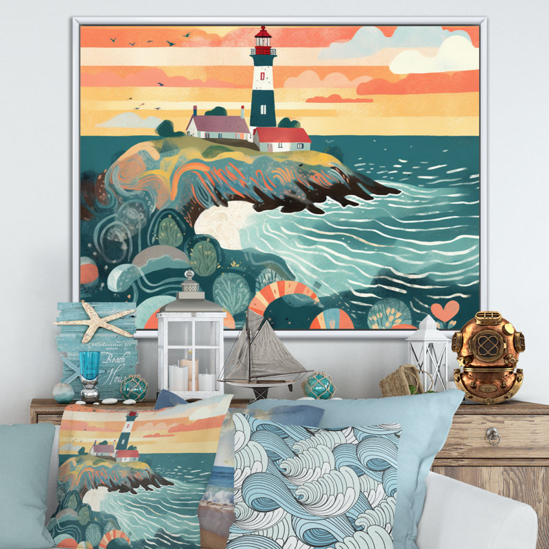 Phare côtier IV sur toile, H 24 po x l 32 po x P 1 po, Cadre flottant blanc