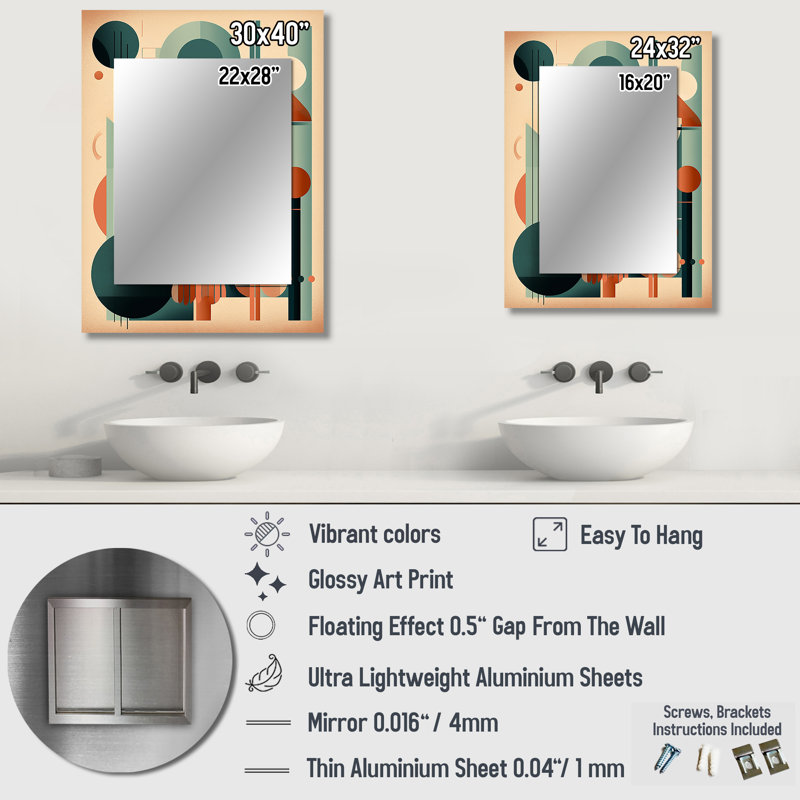 Orange And Green Mid Century Momentum IV - Midcentury Modern Unique Wall Mirror, Modern Mirror, Printed Metal Art, 32" x 24"