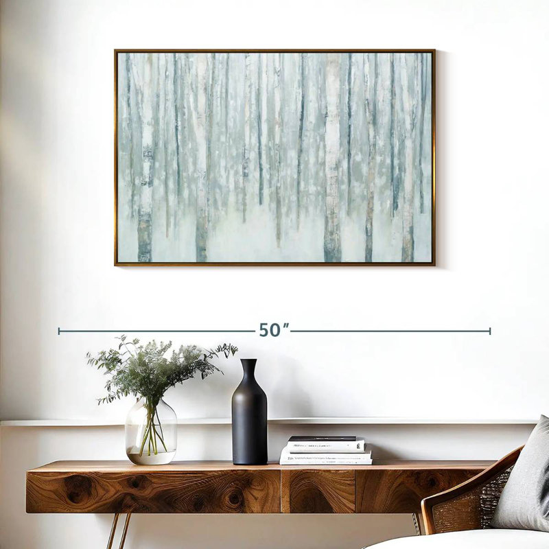 Bouleaux en bleu-gris d'hiver, Cadre flottant doré, 37 po x 25 po