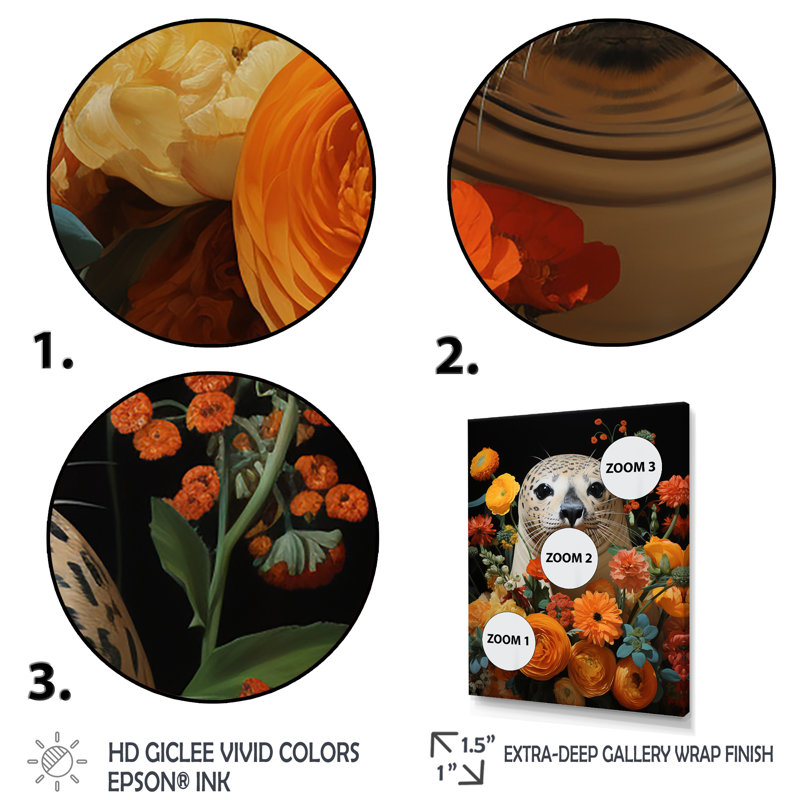 Fleurs colorées de phoque commun - art mural animaux côtiers, Cadre flottant noir, H 32 po x l 16 po x P 1 po