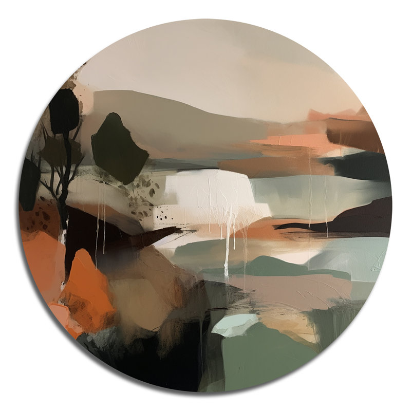 «Green and Beige Transcendant Reality I», peinture abstraite ronde sur métal, H 23 po x l 23 po x P 1 po