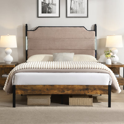 Queen  Bed Frame , Upholstered Headboard  With Charging  And Touch Sensitive LED Lights, Under Bed Storage, No Box Spring Needed,Noise Free