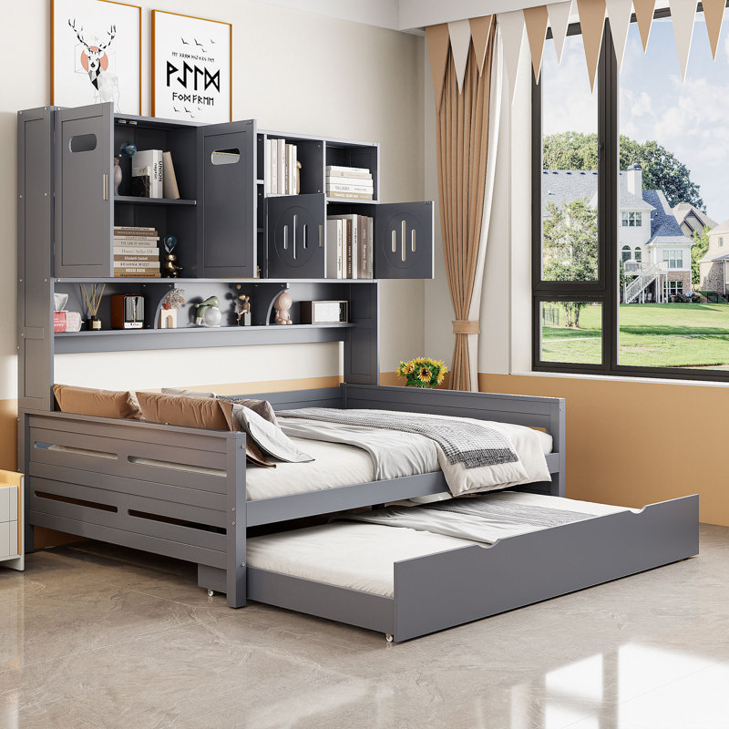 Lit de jour en bois avec couchette, Gris, Complet/Double