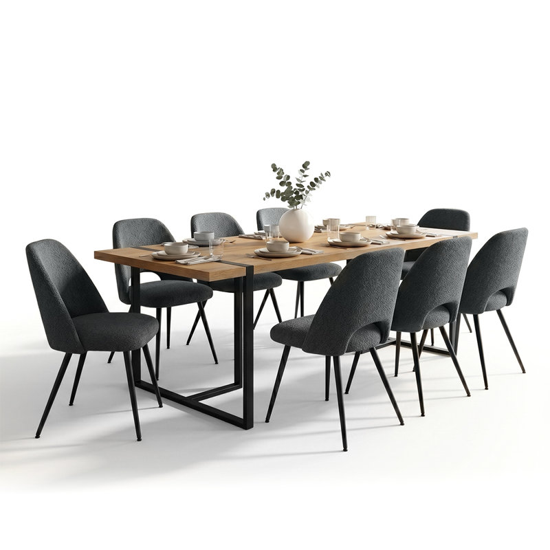 Modern 79" Dining Set With 8 Boucle Dining Chairs