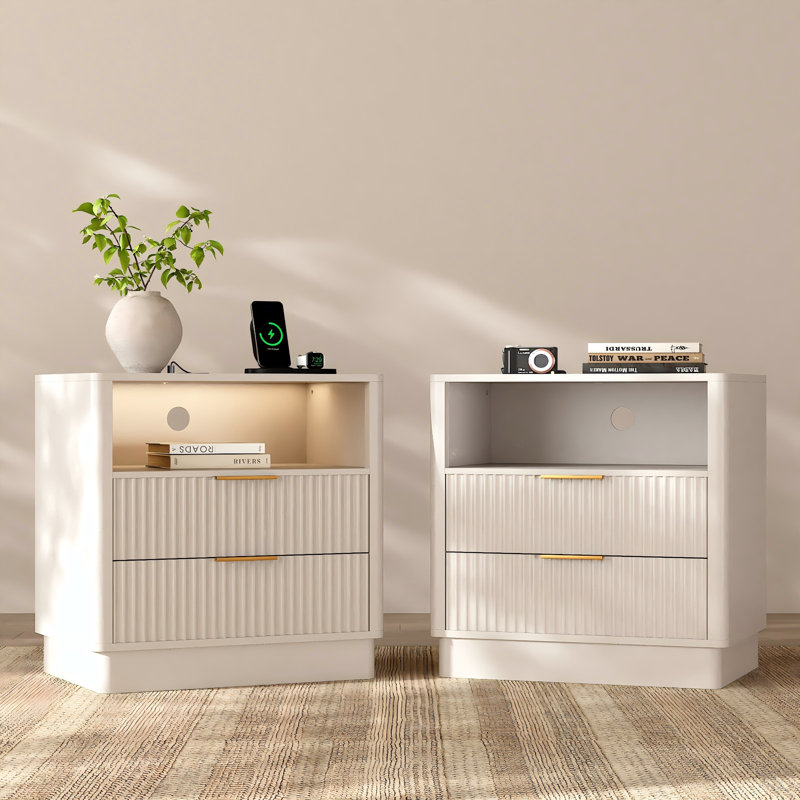 23.6" W 2-Drawer Nightstand with Charging Station and LED Lighting, White