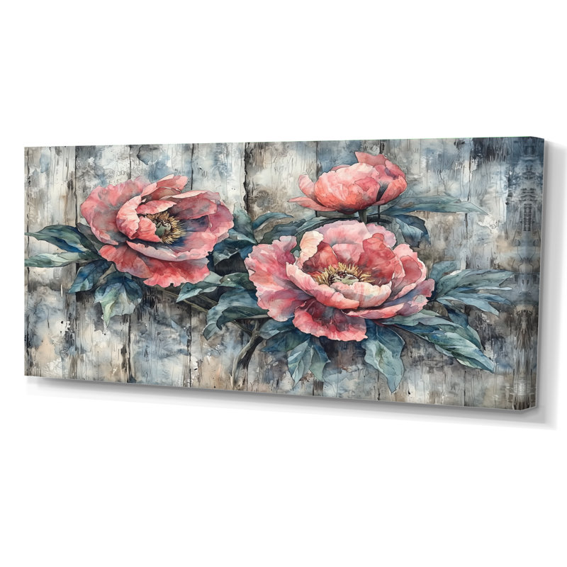 Pivoines rouges par la clôture de la ferme - pivoines, art mural, H 28 po x l 60 po, Toile tendue, Ne s’applique pas