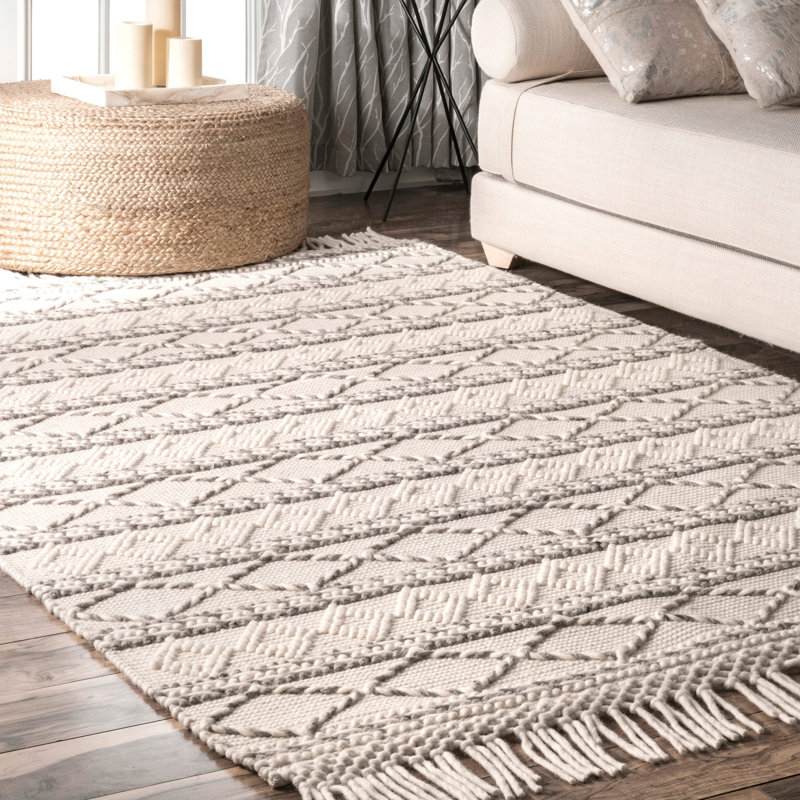 Tapis géométrique tissé à la main ivoire / crème / gris Seger, Rectangle 8 pi 6 po x 11 pi 6 po