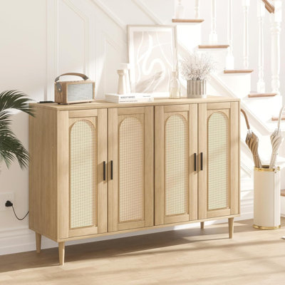 Sideboard Buffet Cabinet with Rattan Doors, White Storage Credenza with Shelves, Modern Accent Coffee Bar Cabinet for Dining Room, Kitchen, Living Roo